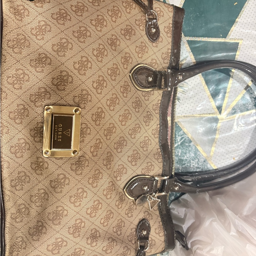 GUESS Beige Monogram Tote with Dark Brown Trim and Gold Plate